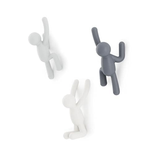 Umbra Buddy Wall Hooks – Decorative Hanging Hooks for Coats, Scarves & More, Set of 3, Black — Light Grey, Gray, White