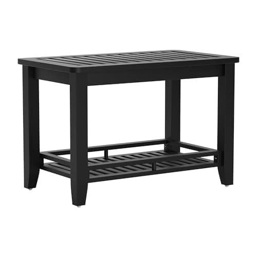 Forevich Bamboo Shower Bench Stool with Storage Shelf Black