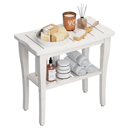 Bamboo Waterproof Shower Bench Stool with Storage, Ideal for Adults & Seniors Indoors or Outdoors — White