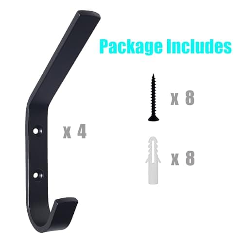 Lofekea Heavy Duty Large Wall Hooks, 4 Pack, Black Metal for Bathroom, Entryway & Mudroom