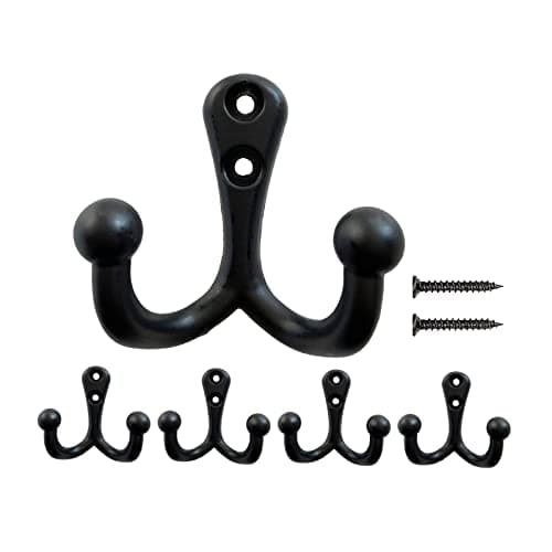 Vintage Heavy Duty Coat Hooks (5 Pack) for Hanging Clothes and Accessories — Black