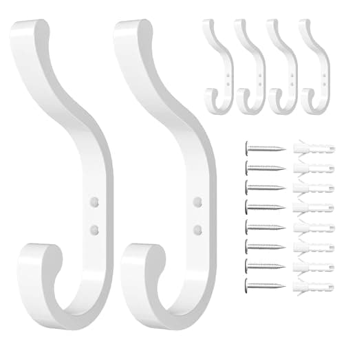 Black Wall-Mount Coat Hanger, 4 Pack - Hold 30 Lb, Heavy Duty Coat Hooks — White