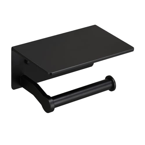 Toilet Paper Holder with Shelf & Cell Phone Storage - Adhesive or Screw Mounted — Black-1 Roll