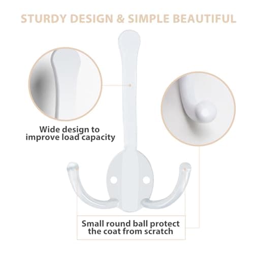 Heavy Duty 8 Pack Metal Coat Hooks, Large Prongs for Hanging Towels, Coats, Scarves - Rustproof White