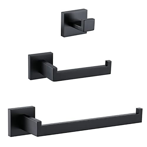 Modern Bathroom Accessories Set: Stainless Steel Toilet Paper Holder, Towel Bar, Robe Hook - Polished Finish (Q7010P) — Black