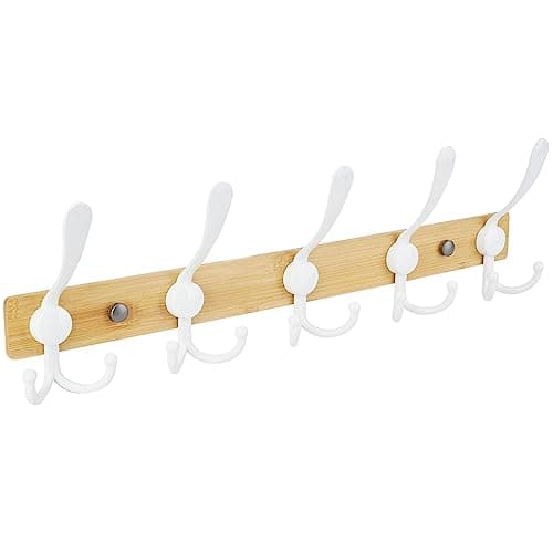 TICONN Wall Mount Coat Rack, 2-Pack White, 5 Heavy-Duty Hooks — Wood White