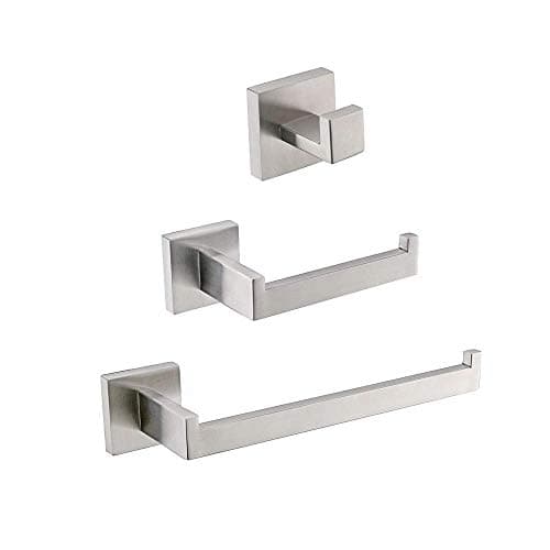 Modern Bathroom Accessories Set: Stainless Steel Toilet Paper Holder, Towel Bar, Robe Hook - Polished Finish (Q7010P) — Brushed