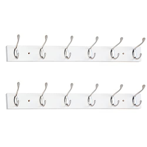 2 Pack 24 Inch Wall Mounted Coat Rack with 6 Hooks, Satin Nickel & White