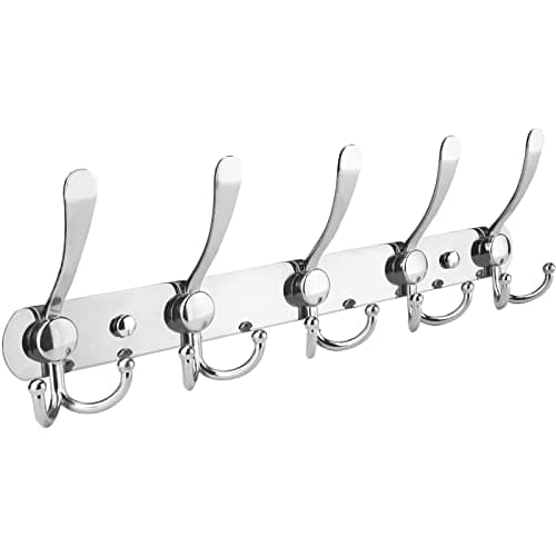 TICONN Wall Mount Coat Rack, 2-Pack White, 5 Heavy-Duty Hooks — Chrome