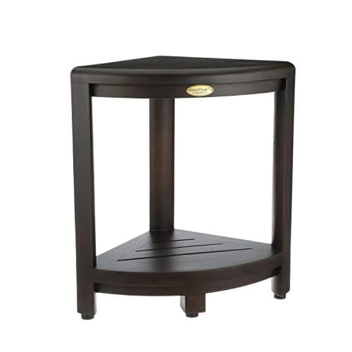 EcoDecors Corner Shower Stool & Storage Shelf, Teak Wood Leg Shaving Aid in Woodland Brown