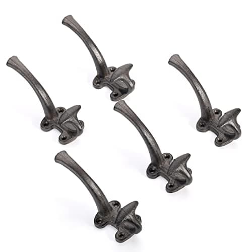 Ambipolar Vintage Antique Black Heavy Duty Double Wall Hooks, 5-Pack Mudroom Coat Rack
