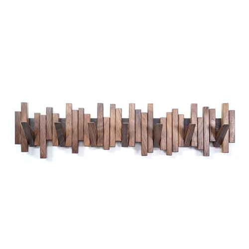 Wooden Wall Mount Coat Rack with 7 Unique Hooks in Natural Walnut