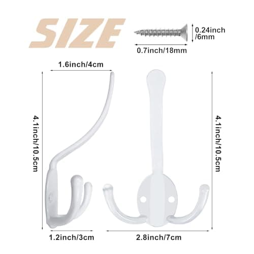 Heavy Duty 8 Pack Metal Coat Hooks, Large Prongs for Hanging Towels, Coats, Scarves - Rustproof White