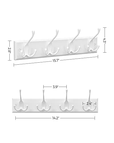 SongMics Wall-Mounted Coat Rack with 4 Tri-Hooks, White ULHR30WT