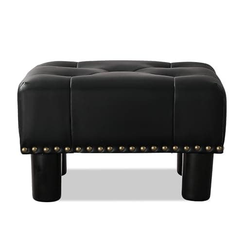 LUE BONA Black Rivet Faux Leather Foot Stool, 9" H, for Adults, Living Room Couch