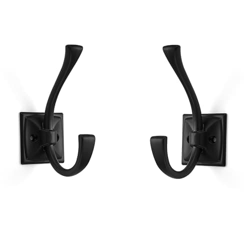 5 Pack Matte Black Wall Hooks for Coats, Towels, Bags - 4.35 Inch Double Robe Hooks