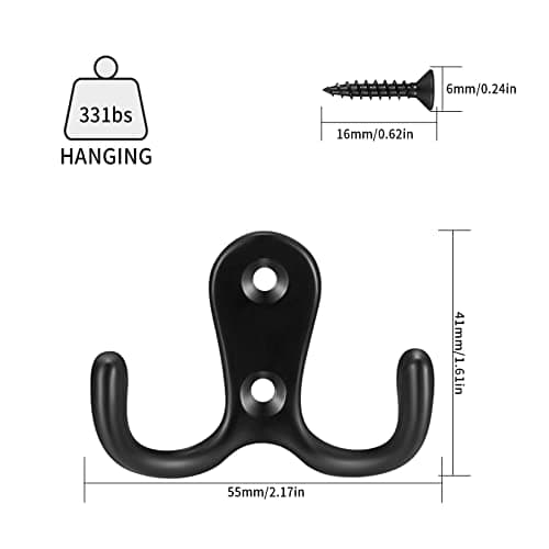 10 Pack Black Retro Double Prong Coat Hooks for Hanging Clothes and Accessories