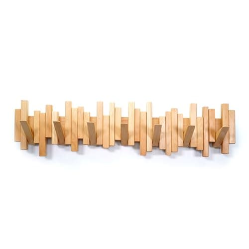 Wooden Wall Mount Coat Rack with 7 Unique Hooks in Natural Walnut — Beech