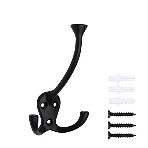 HARPOON 5 Pack Heavy Duty Three Flared Prongs Coat Hooks, Black