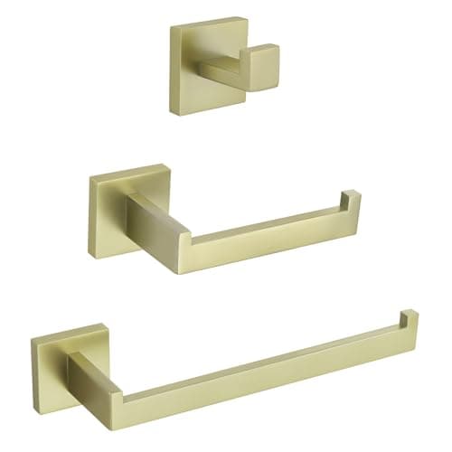 Modern Bathroom Accessories Set: Stainless Steel Toilet Paper Holder, Towel Bar, Robe Hook - Polished Finish (Q7010P) — Brushed Light Gold