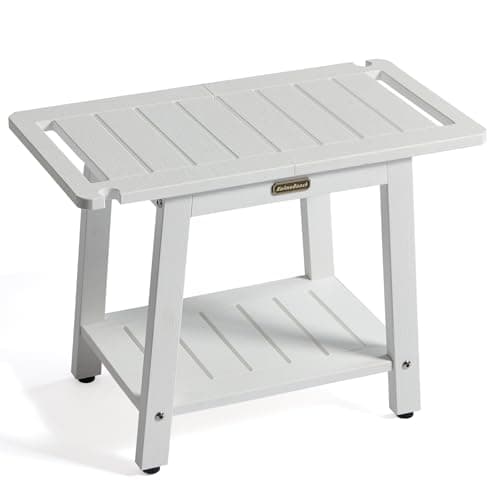 HDPS Waterproof Shower Bench Seat with Handles & Holder, Black Non-Slip Foot Rest — White