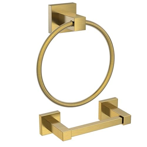 Modern Black Bathroom Hardware Set, Stainless Steel Towel Ring and Toilet Paper Holder for Wall Mount — Brushed Gold