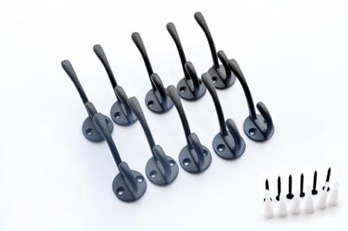 10-Piece Black Double-Prong Wall Hook Set – Heavy-Duty Metal Hangers for Coats, Towels & More – Decorative Home Organiza