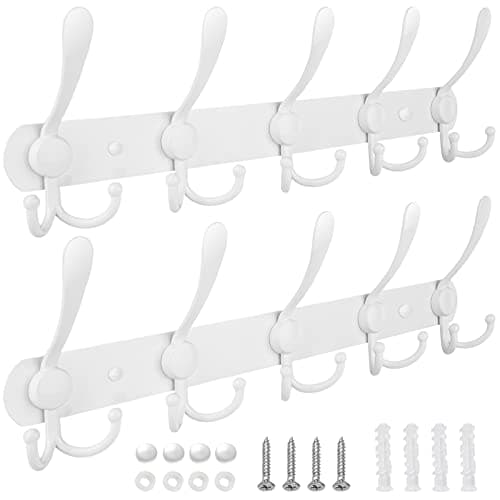 TICONN Wall Mount Coat Rack, 2-Pack White, 5 Heavy-Duty Hooks