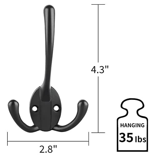 Heavy Duty Triple Coat Hooks Wall Mounted - Set of 14 with Screws, Black - Utility Hooks for Coat, Bag, Towel, Umbrella - Retro Style - Rustic Design - Ideal for Home or Office