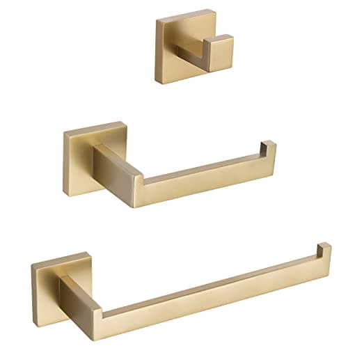 Modern Bathroom Accessories Set: Stainless Steel Toilet Paper Holder, Towel Bar, Robe Hook - Polished Finish (Q7010P) — Brushed Dark Gold