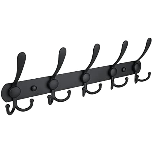 TICONN Wall Mount Coat Rack, 2-Pack White, 5 Heavy-Duty Hooks — Matte Black