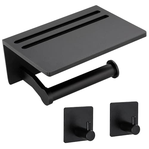 Rustproof Black 3M Adhesive Toilet Paper Holder with Phone Shelf — Black - 2 Hooks