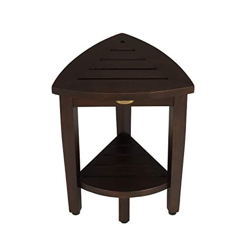Decoteak Snazzy Corner Brown Teak Wood Shower Bench Stool with Storage Shelf