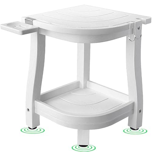 ETECHMART Waterproof Corner Shower Stool with Storage, Teak Finish for Legs Shaving — White