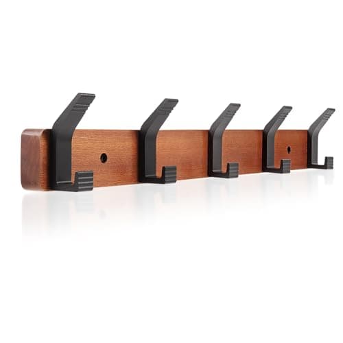 Rustic Wall Mounted Coat Rack with 5 Hooks for Entryway — Brown Plate & Black Double-Hook