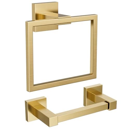 FORIOUS Brushed Nickel Wall-Mount Toilet Paper Holder Set - Stainless Steel Pivoting Holder and Towel Ring for Bathroom — Brushed Gold