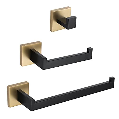 Modern Bathroom Accessories Set: Stainless Steel Toilet Paper Holder, Towel Bar, Robe Hook - Polished Finish (Q7010P) — Black&gold