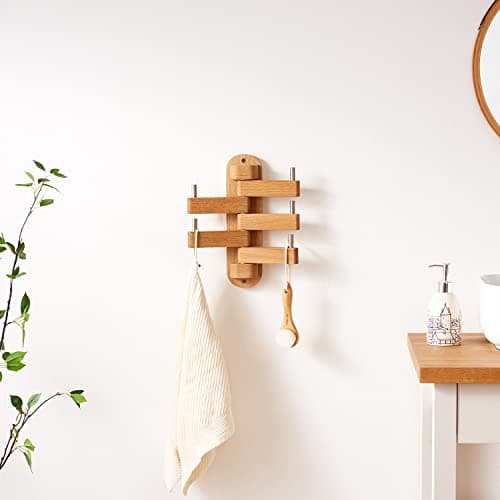 Natural Oak Swivel Coat Rack with 5 Arms for Wall (12") Kitchen Bedroom Bathroom