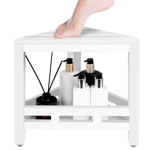 Waterproof White Bamboo Shower Stool with Leg Shaving Storage (13.5 in)