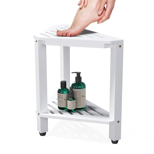 White Acacia Wood Shower Foot Rest with Storage - 15" Stool for Legs