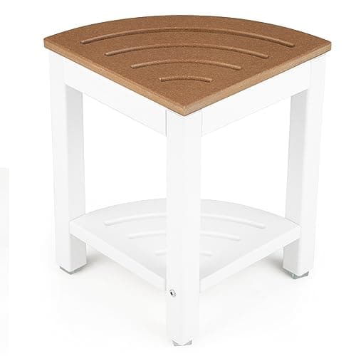 Giantex Waterproof Corner Shower Stool with Storage Shelf (White) — White & Brown