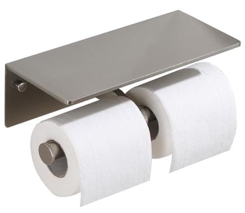 Toilet Paper Holder with Shelf & Cell Phone Storage - Adhesive or Screw Mounted — Brushed Nickel-2 Rolls