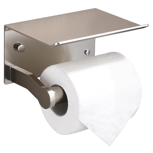 Rustproof Black 3M Adhesive Toilet Paper Holder with Phone Shelf — Silver
