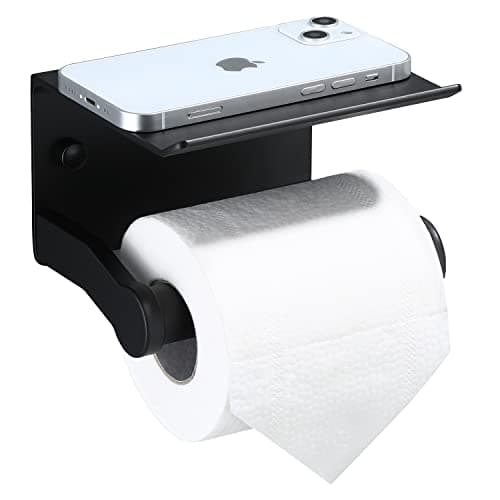 Rustproof Black 3M Adhesive Toilet Paper Holder with Phone Shelf — Matte Black