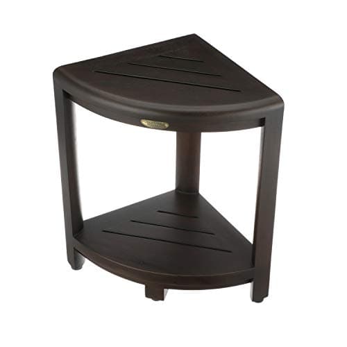 EcoDecors Corner Shower Stool & Storage Shelf, Teak Wood Leg Shaving Aid in Woodland Brown