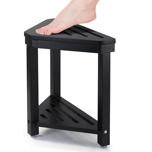 Corner Shower Foot Rest for Shaving Legs - Waterproof Acacia Wood Stool with Storage Shelf (14in) — Black