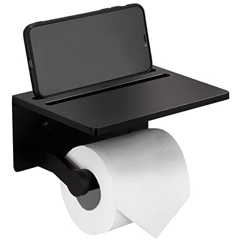 Rustproof Black 3M Adhesive Toilet Paper Holder with Phone Shelf — Black