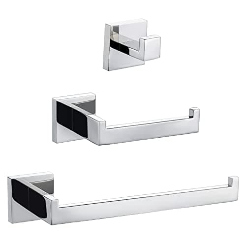 Modern Bathroom Accessories Set: Stainless Steel Toilet Paper Holder, Towel Bar, Robe Hook - Polished Finish (Q7010P)