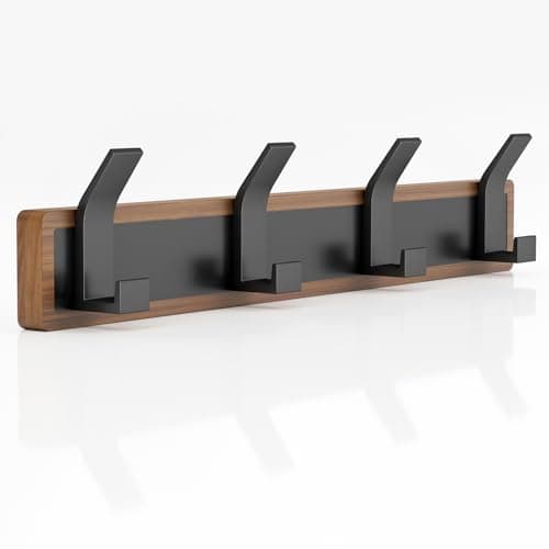 Solid Walnut Wall Mount Coat Rack with 4 Heavy Duty Hooks — Walnut+Balck