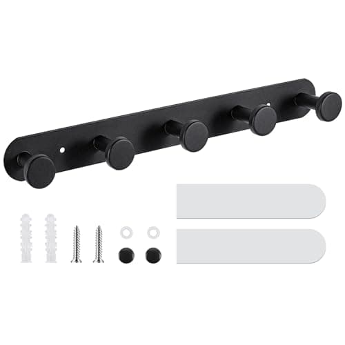 Black Wall Mount Coat Rack with 5 Hooks for Clothes Hats Towels Heavy Duty